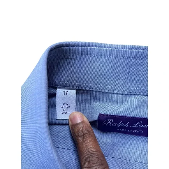 Ralph Lauren Purple Label Dress Shirt‎ Long Sleeve Blue Cotton Blend, Size 17